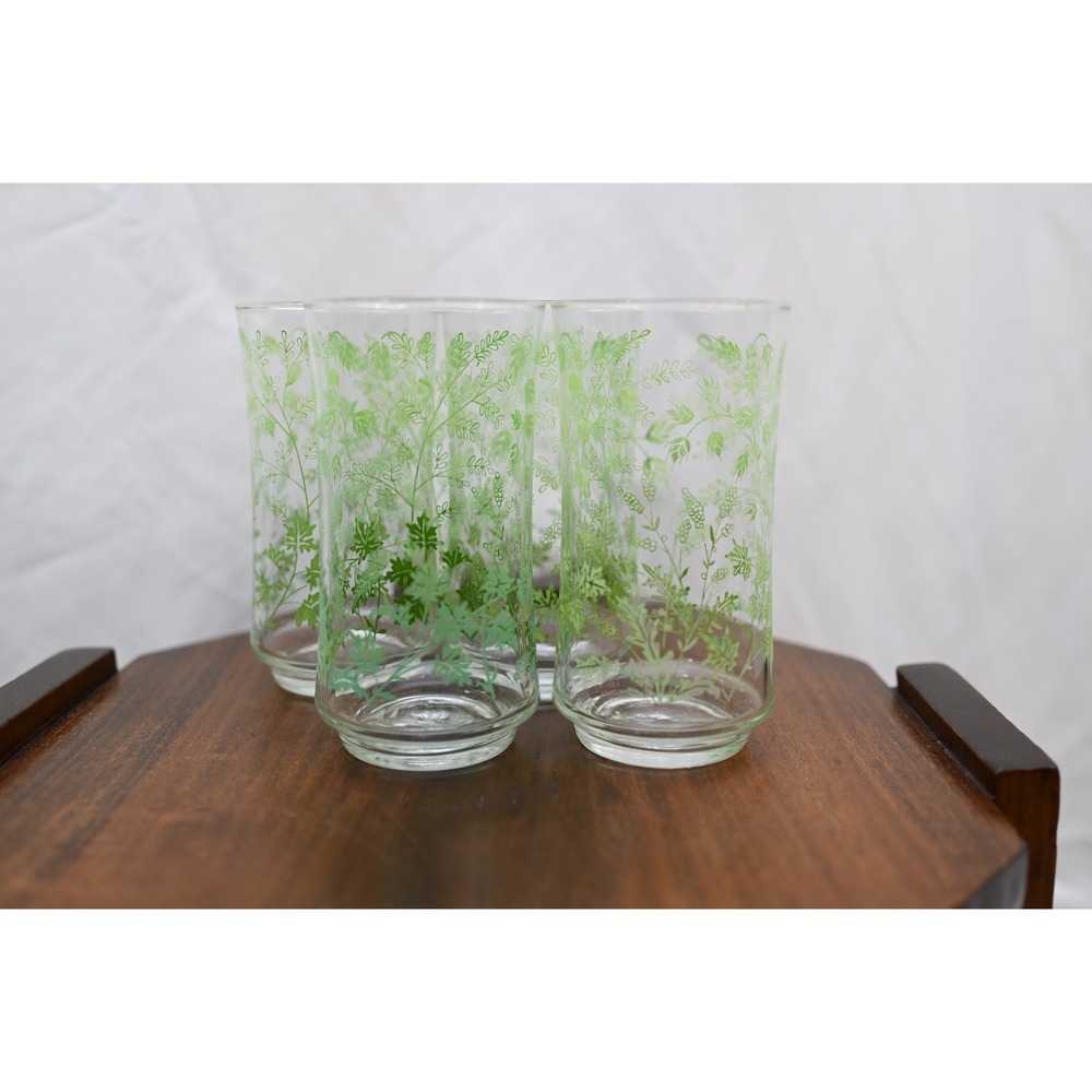 Vintage Green Botanical Herb Print Juice Glasses Set of 4 Clear Glass Tumblers